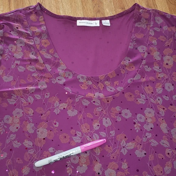 Susan Graver Purple Floral Scoop Neck 3/4 Sleeve Blouse Large - Picture 5 of 9